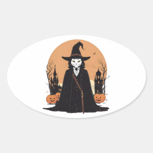 Adesivo Oval Gato Preto Salem Místico com Pumpkins