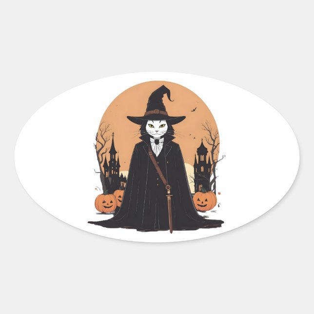 Adesivo Oval Gato Preto Salem Místico com Pumpkins (Frente)