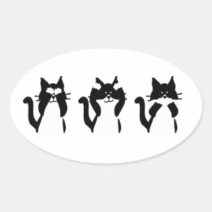 Adesivo Oval Gatos Pretos e Brancos Três Gatinhos Sábios