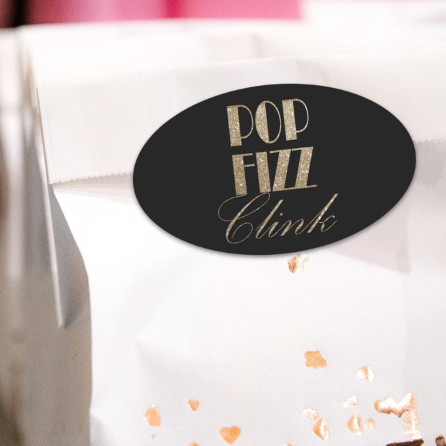 Adesivo Oval Gatsby party Dourada e Black Pop Fizz Clink (Gatsby party Gold and Black Pop Fizz Clink Oval Sticker)