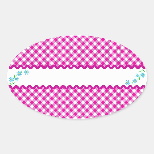 Adesivo Oval Gingham Rosa e Flores Vinheta Oval Fundo (Frente)