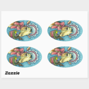 ADESIVO OVAL GIRAFFE EM BONNET DE PÁSCOA DE PRIMAVERA, CESTA D