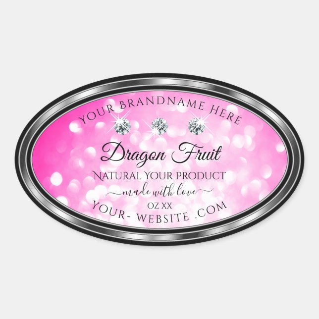 Adesivo Oval Girly Pink Product Labels Diamantes Prateados (Frente)