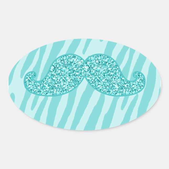 ADESIVO OVAL GIRLY TEAL GLITTER MUSTACHE ZEBRA STRIPES (Frente)