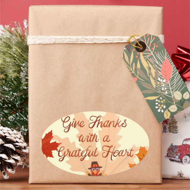 Adesivo Oval Give Thanks With a Grateful Heart Thanksgiving (Feriado)