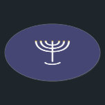 Adesivo Oval Gráfico Dourado do Marinho Branco Moderno Menorah<br><div class="desc">Hebraico Menorah Sticker. Marinho,  Branco,  Dourado. Transferível e personalizável.</div>