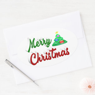 Adesivo Oval Gráfico verde da Árvore Feliz de Natal