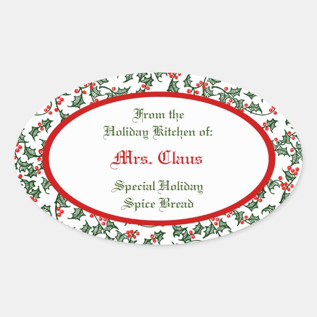 Adesivo Oval Green Holly com Red Berries Custom Baking Sticker (Frente)