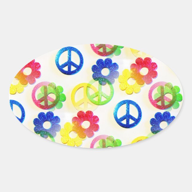Adesivo Oval Groovy Hippie Sina a Paz Flores de Poder (Frente)