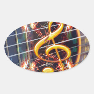 Adesivo Oval Guitarra Acústica Psicadélica, design de folha de 