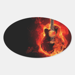 Adesivo Oval Guitarra Queimando, Música de Chamas Laranjas Band