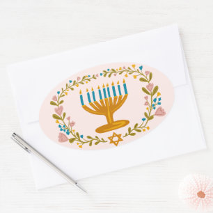 Adesivo Oval HANUKKAH Menorah floral Wreath Jewish Holiday