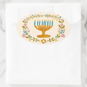 Adesivo Oval HANUKKAH Menorah floral Wreath Jewish Holiday