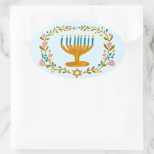 Adesivo Oval HANUKKAH Menorah floral Wreath Jewish Holiday