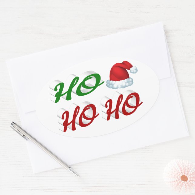 Adesivo Oval Ho Ho Santa Hat Graduação verde de Natal (Envelope)