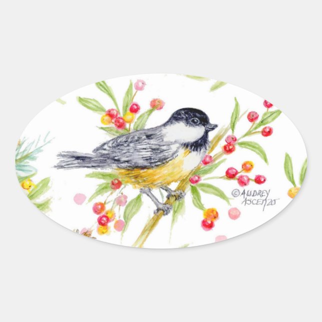 Adesivo Oval Holiday Chickadee Berry Branch Greeting Card (Frente)