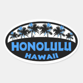 Adesivo Oval Honolulu Hawaii azul palmeiras pretas palmeiras ov