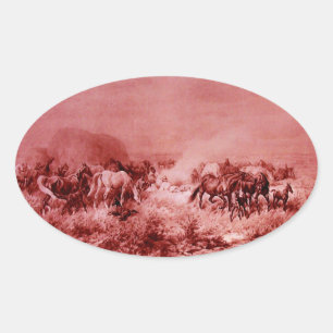 Adesivo Oval HORSES GRAZING , Anterior Oval Rosa Vermelho