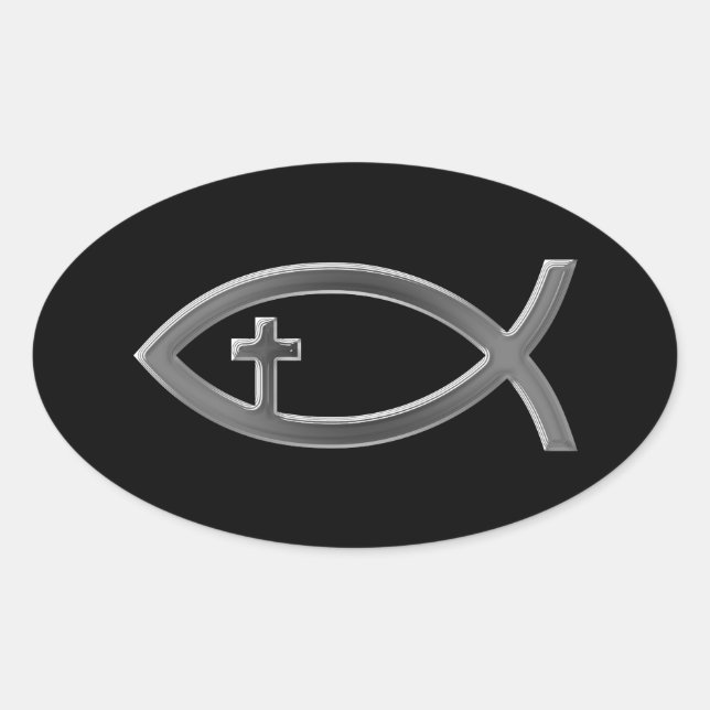 Adesivo Oval Ichthus - Christian Fish Symbol with Crucifix (Frente)