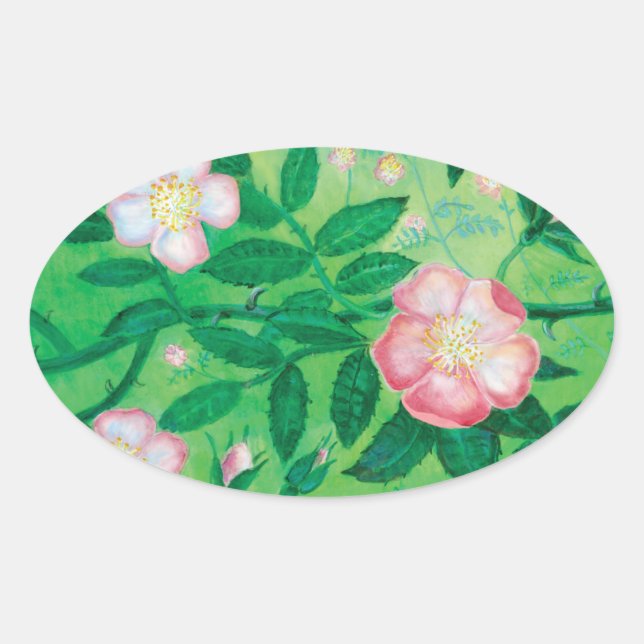 Adesivo Oval Ilustração de Rosa selvagem rosa (Frente)