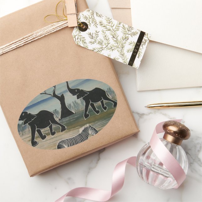 Adesivo Oval Impressão de Arte de Elefante Africano (Presentear)