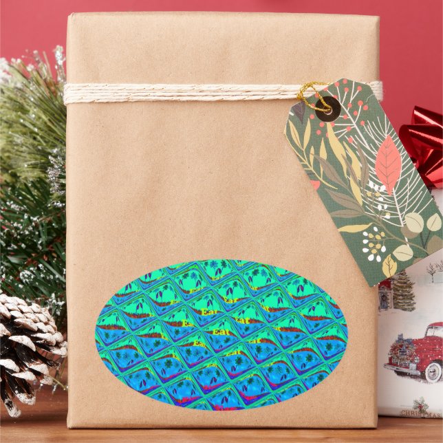 Adesivo Oval Impressão de Arte de Motif Azul Italiano (Feriado)