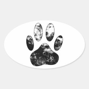 Adesivo Oval Impressão de Pata de Cachorro Grunge Preto e Branc