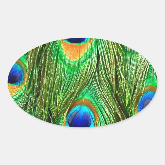 Adesivo Oval Impressão de Penas de Peacock Coloridas (Frente)