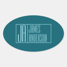 Adesivo Oval Iniciais e Nome Modernos | Teal Escuro e Azul Clar