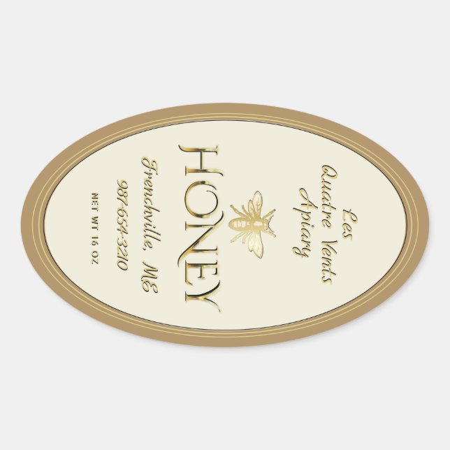 Adesivo Oval Ivory Queenline Honey Label Heraldic Bee Dourado (Frente)