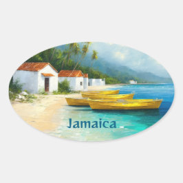 Adesivo Oval Jamaica fishing huts on sea shore