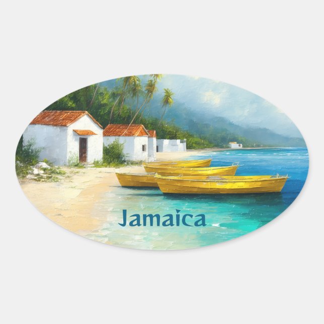 Adesivo Oval Jamaica fishing huts on sea shore (Frente)