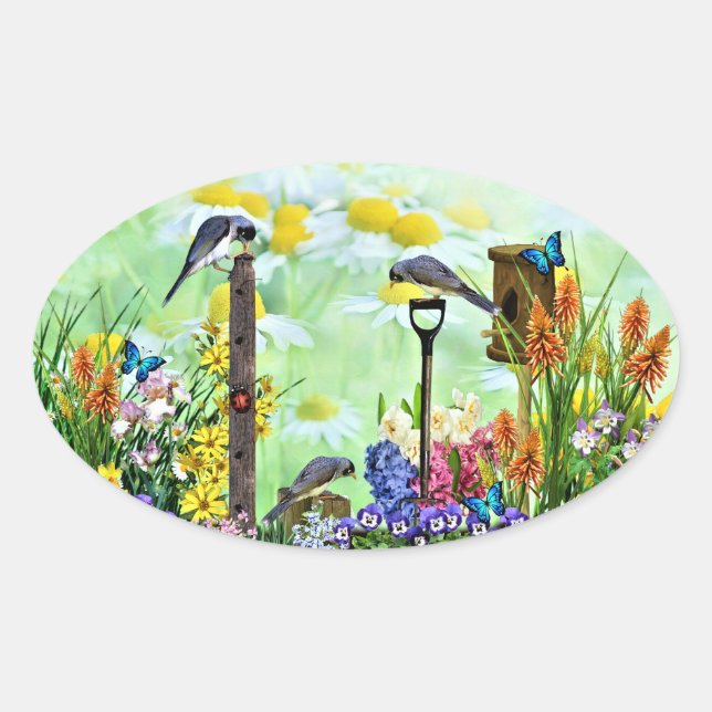 Adesivo Oval Jardim de Flores de Birdhouse (Frente)