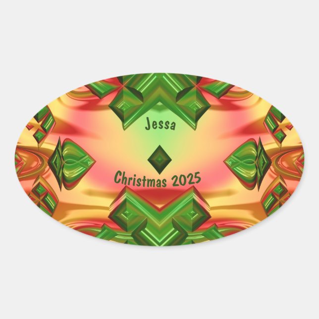 Adesivo Oval JESSA ~ CHRISTMAS 2025 Verde Amarelo Vermelho ~ (Frente)