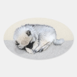 Adesivo Oval Keeshond Dormindo Puppy Pintura Original
