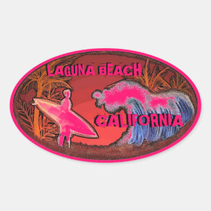 Adesivo Oval Laguna Beach, Califórnia, vinhetas rosa de surfist