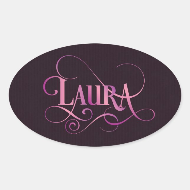 Adesivo Oval Laura Pink, Escrita Suave Personalizada, em Roxo (Frente)