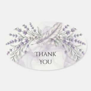 Adesivo Oval Lavanda Pena Boho Casamento Agradecimento