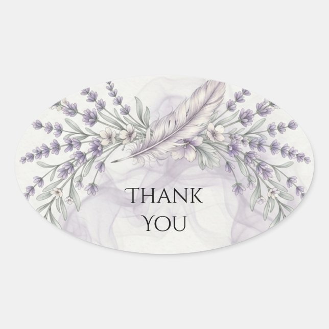 Adesivo Oval Lavanda Pena Boho Casamento Agradecimento (Frente)