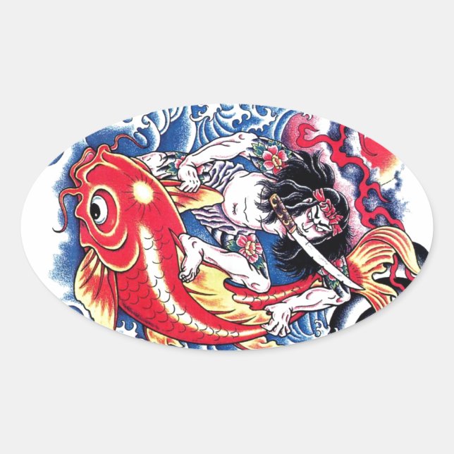 Adesivo Oval Legal tatuagem vermelha Samurai Koi Carp japonesa (Frente)