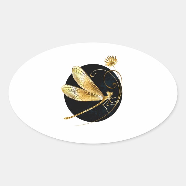 Adesivo Oval libélula ouro em círculo preto (Frente)