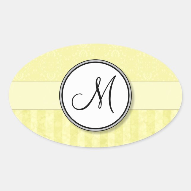 Adesivo Oval Limon Cream Damask com Stripes e Monograma (Frente)