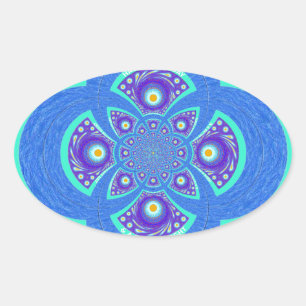 Adesivo Oval Linda e adorável design da Flora Azul-Mandala Afri