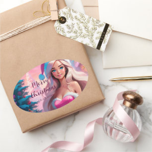 Adesivo Oval Linda garota de Natal rosa 01