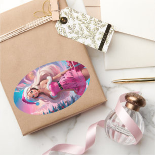 Adesivo Oval Linda garota de Natal rosa 01