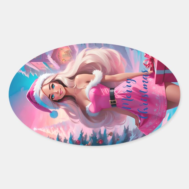 Adesivo Oval Linda garota de Natal rosa 01 (Frente)