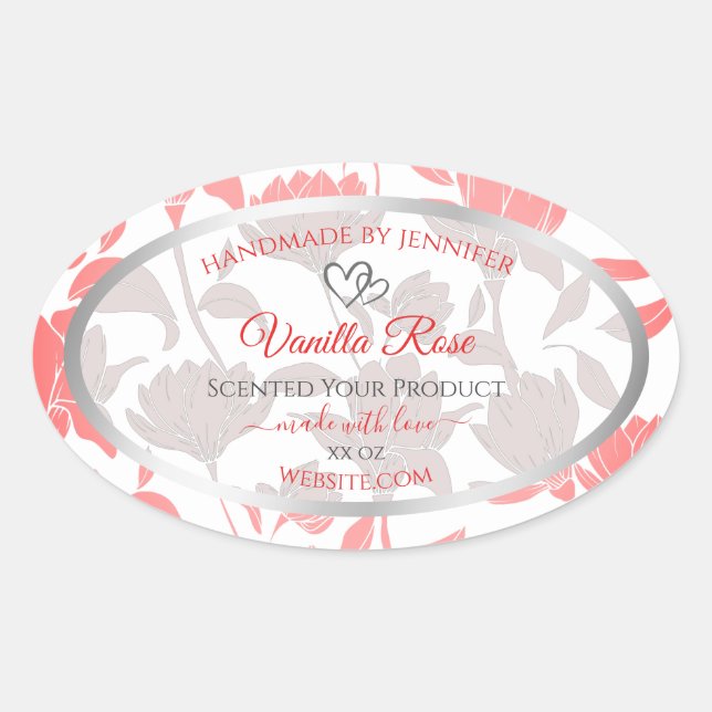 Adesivo Oval Lindos Rótulos de Produto de Padrão Floral Branco  (Frente)