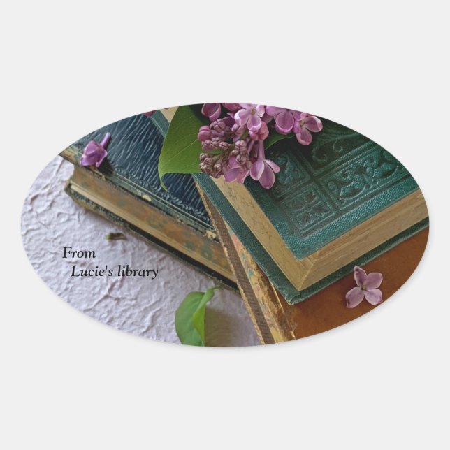 Adesivo Oval Livros antigos e lilases (Frente)