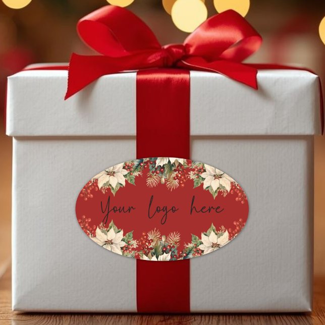 Adesivo Oval Logotipo de Natal Poinsettias (Poinsettias Christmas Logo Oval Sticker)