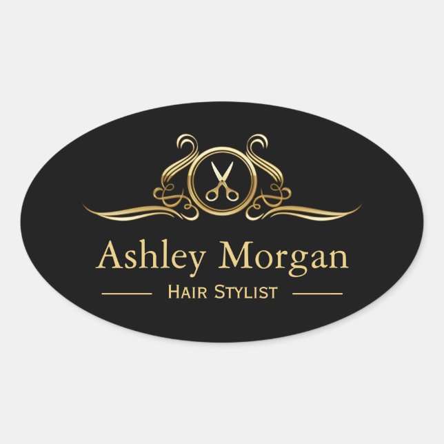 Adesivo Oval Logotipo Dourado de Bela Luxúria Salon Hair Cut Sc (Frente)